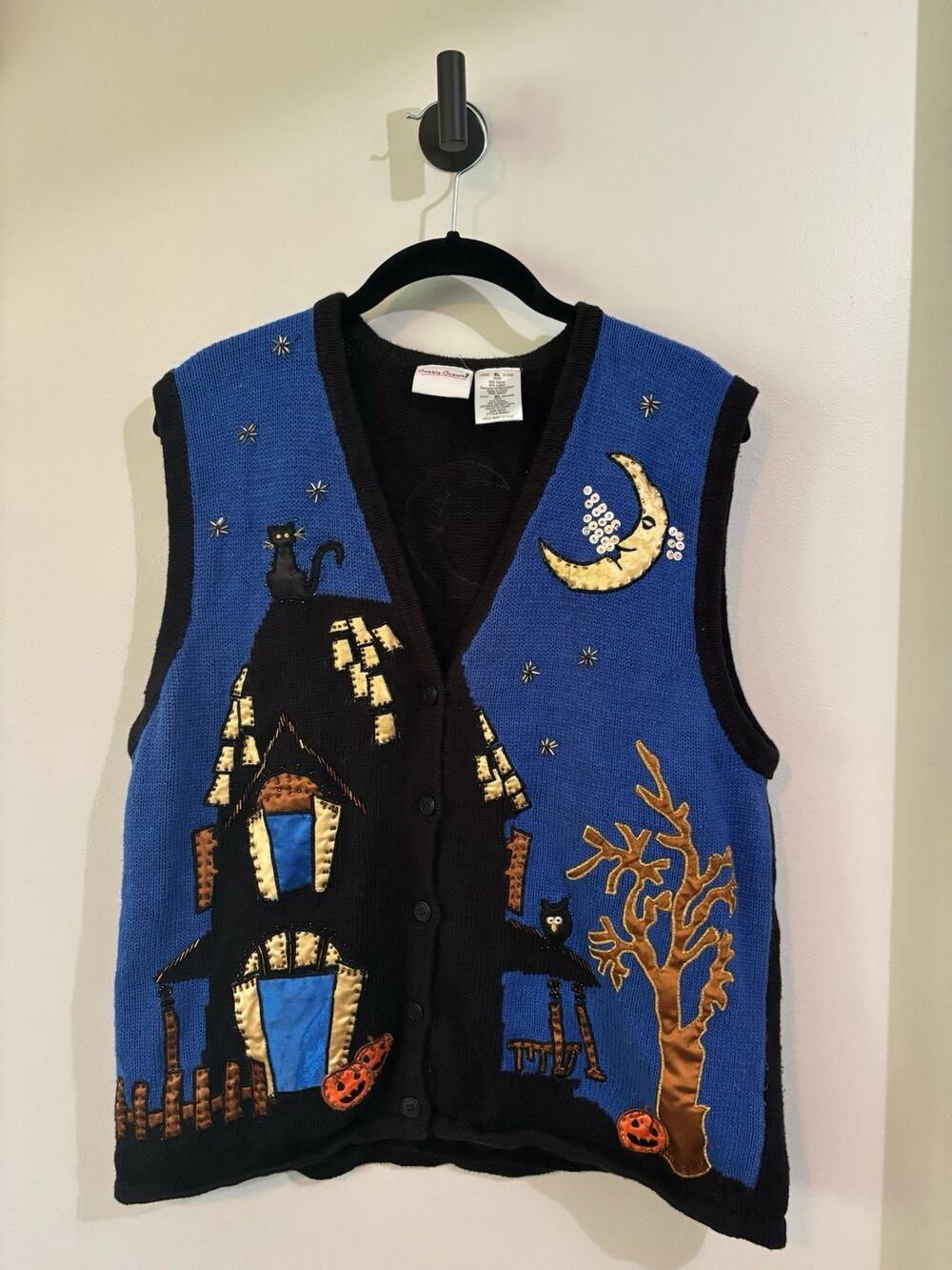 VTG Bobbie Brooks Halloween Sweater Vest XLarge Haunted House Cat Moon Pumpkin - Picture 1 of 5